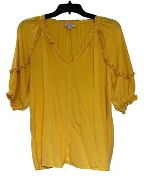 LOFT Outlet Mustard Yellow Ruffle Trim V-Neck Blouse Sz L Puff Sleeve 100% Rayon